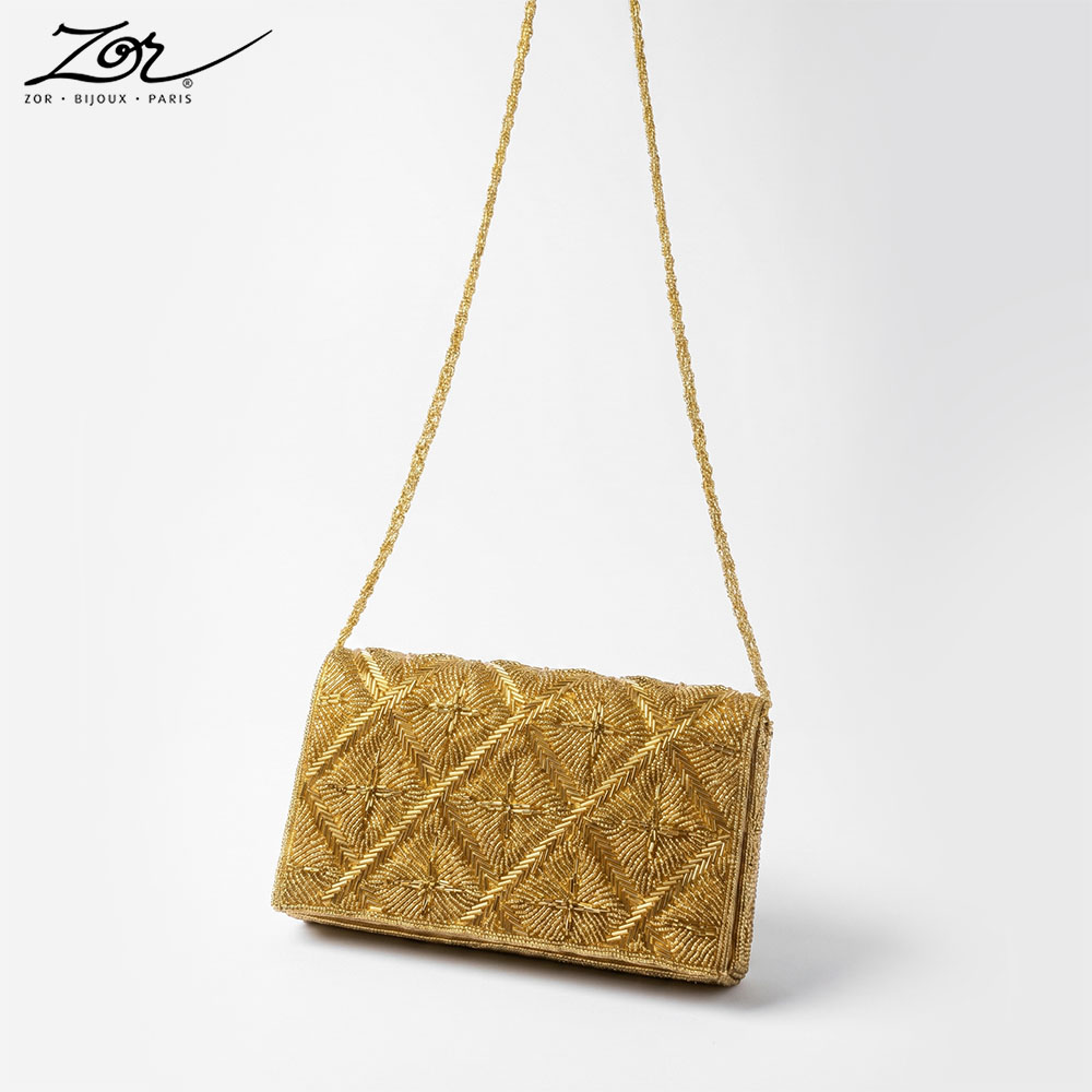 Déstockage - Sac vintage: clutch Art déco perlé jaune d’or création Zor Paris 10