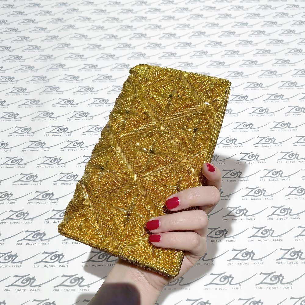 Déstockage - Sac vintage: clutch Art déco perlé jaune d’or création Zor Paris 8