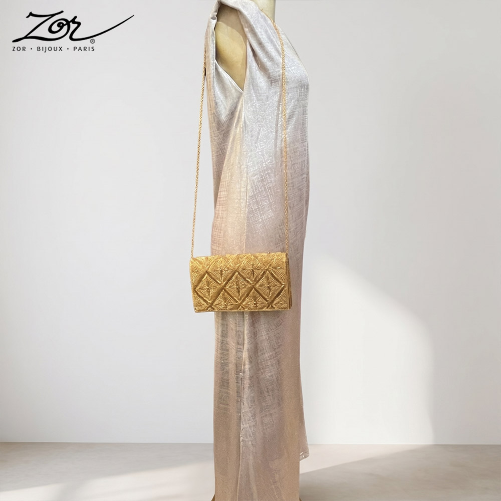 Déstockage - Sac vintage: clutch Art déco perlé jaune d’or création Zor Paris 11