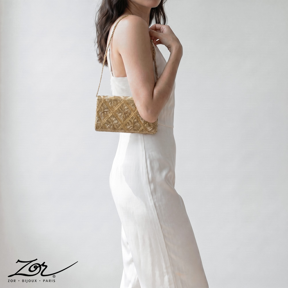 Déstockage - Sac vintage: clutch Art déco perlé jaune d’or création Zor Paris 12