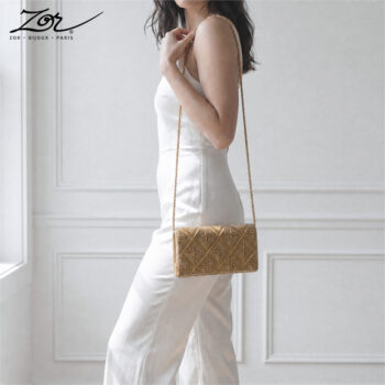 Déstockage – Sac vintage: clutch Art déco perlé jaune d’or