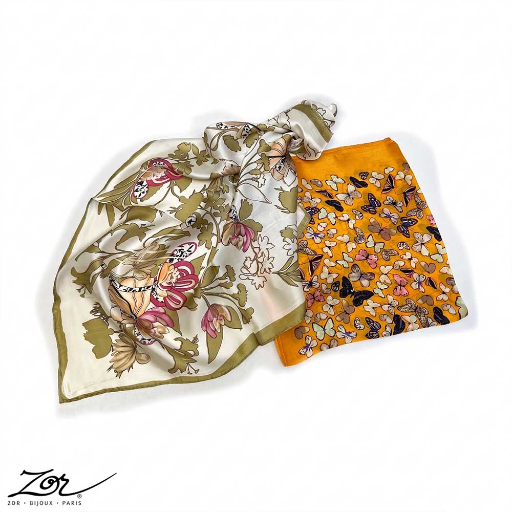 Foulard carré 100% soie de 50 x 50cm, fleur de lys et papillon, Zor Paris