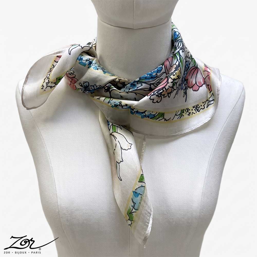 Foulard carré 100% soie: 50 x 50cm à fleur bleue et tulipe rose, Zor Paris