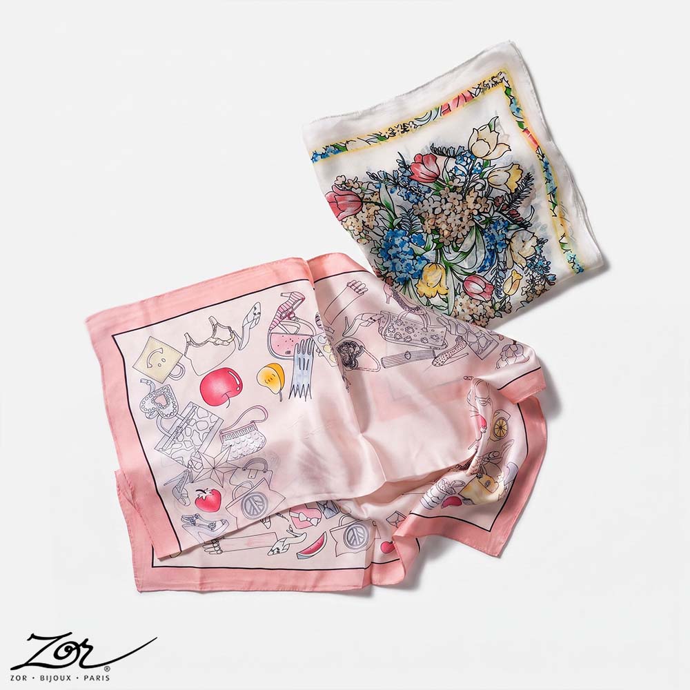 Foulard carré 100% soie de 50 x 50cm, chic féminin en rose, jaune, bleu, rouge. Zor Paris