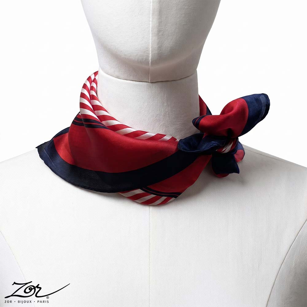 Foulard carré 100% soie de 50 x 50cm, rayure rouge, marine, blanc, Zor Paris