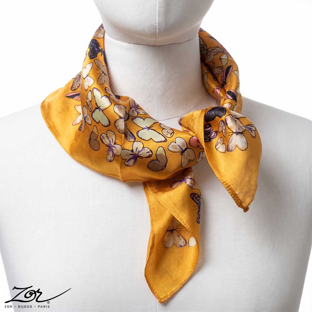 Foulard carré 100% soie de 50 x 50cm, motif de papillon orange, Zor Paris