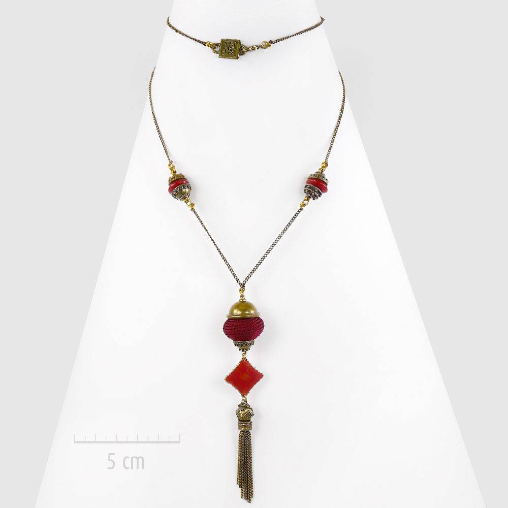 Sautoir bohème long pendentif oriental en sabra végétal, céramique et bronze antique fait main Zor Paris